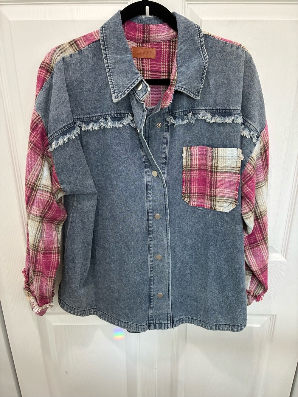 Umgee Denim Button-Down with Pink Plaid Accents